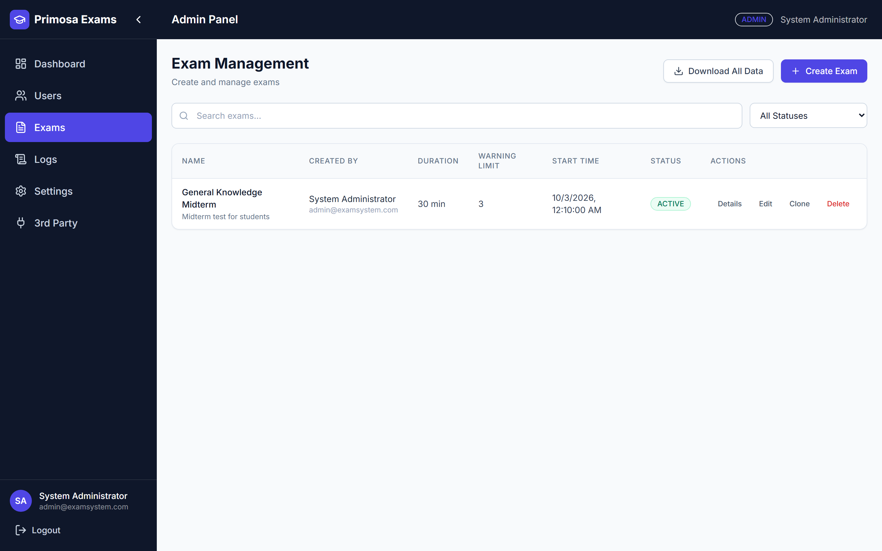Exam management screen listing exams with duration, warning limit, and status